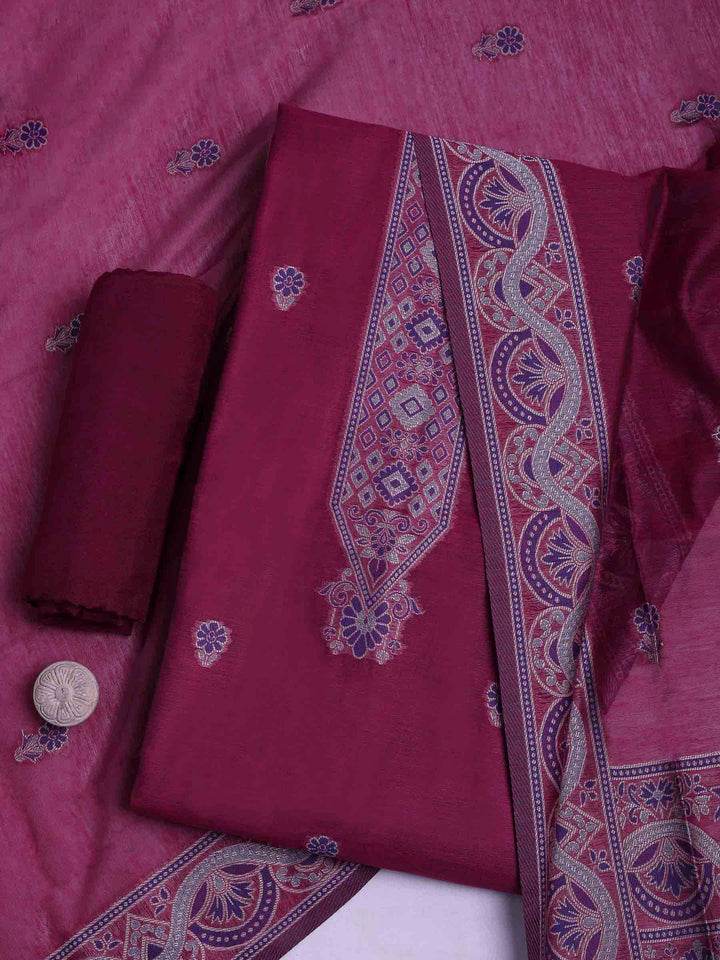 Magenta Chanderi Embroidered Unstitched Dress Material