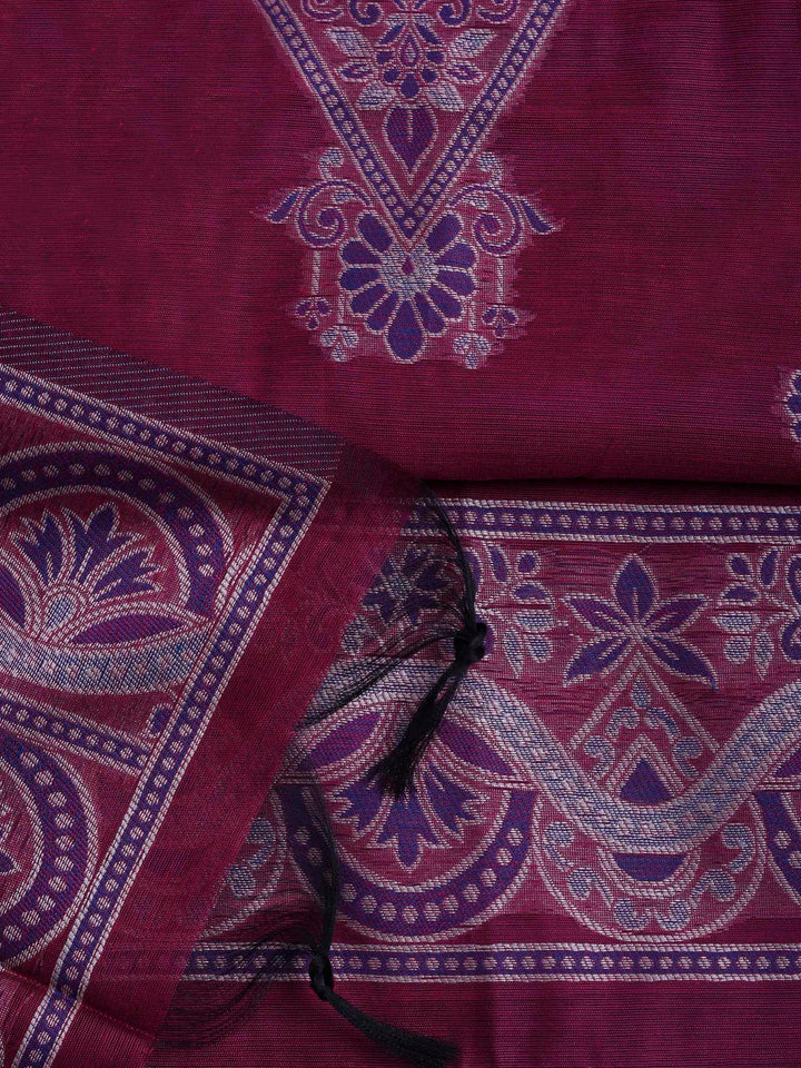 Magenta Chanderi Embroidered Unstitched Dress Material