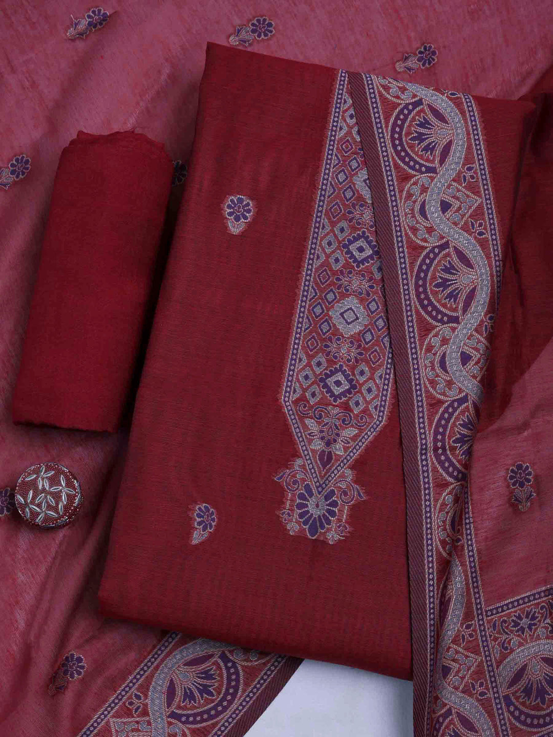 Maroon Chanderi Embroidered Unstitched Dress Material