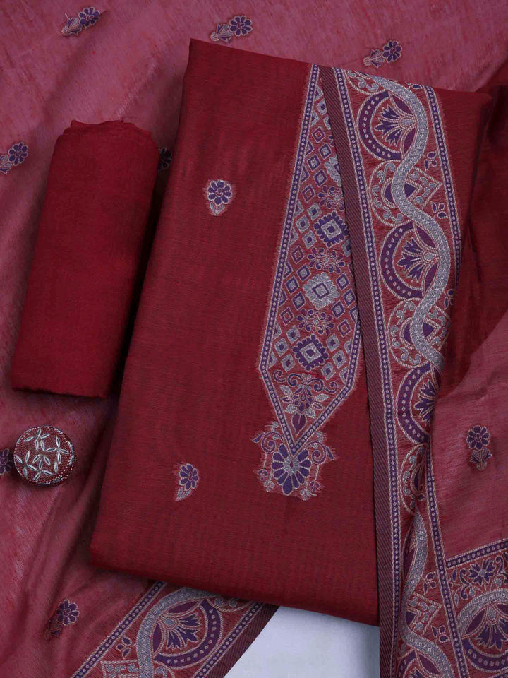 Maroon Chanderi Embroidered Unstitched Dress Material