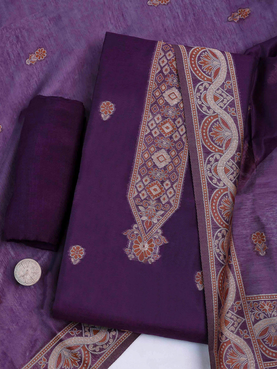 Purple Chanderi Embroidered Unstitched Dress Material