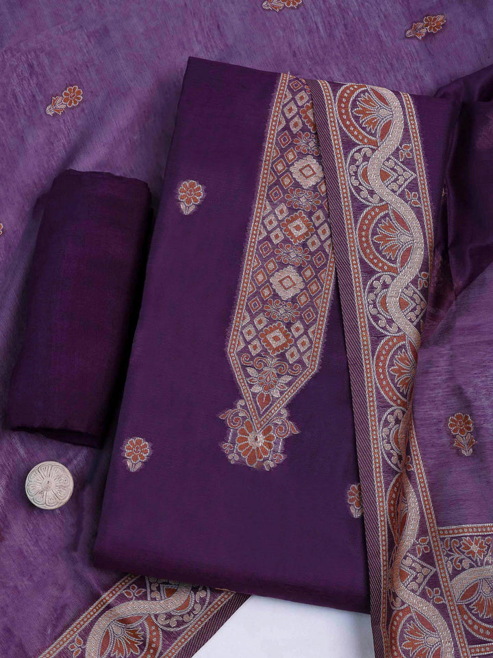Purple Chanderi Embroidered Unstitched Dress Material