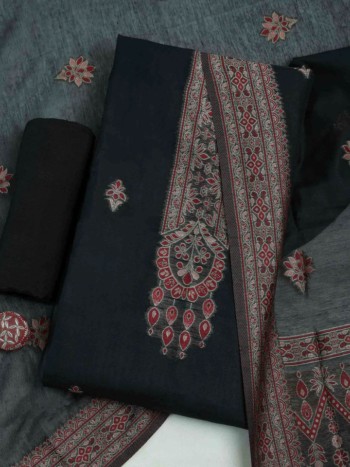 Black Chanderi Embroidered Unstitched Dress Material