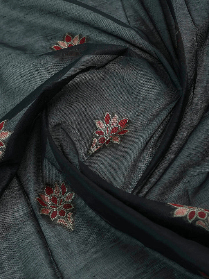Black Chanderi Embroidered Unstitched Dress Material
