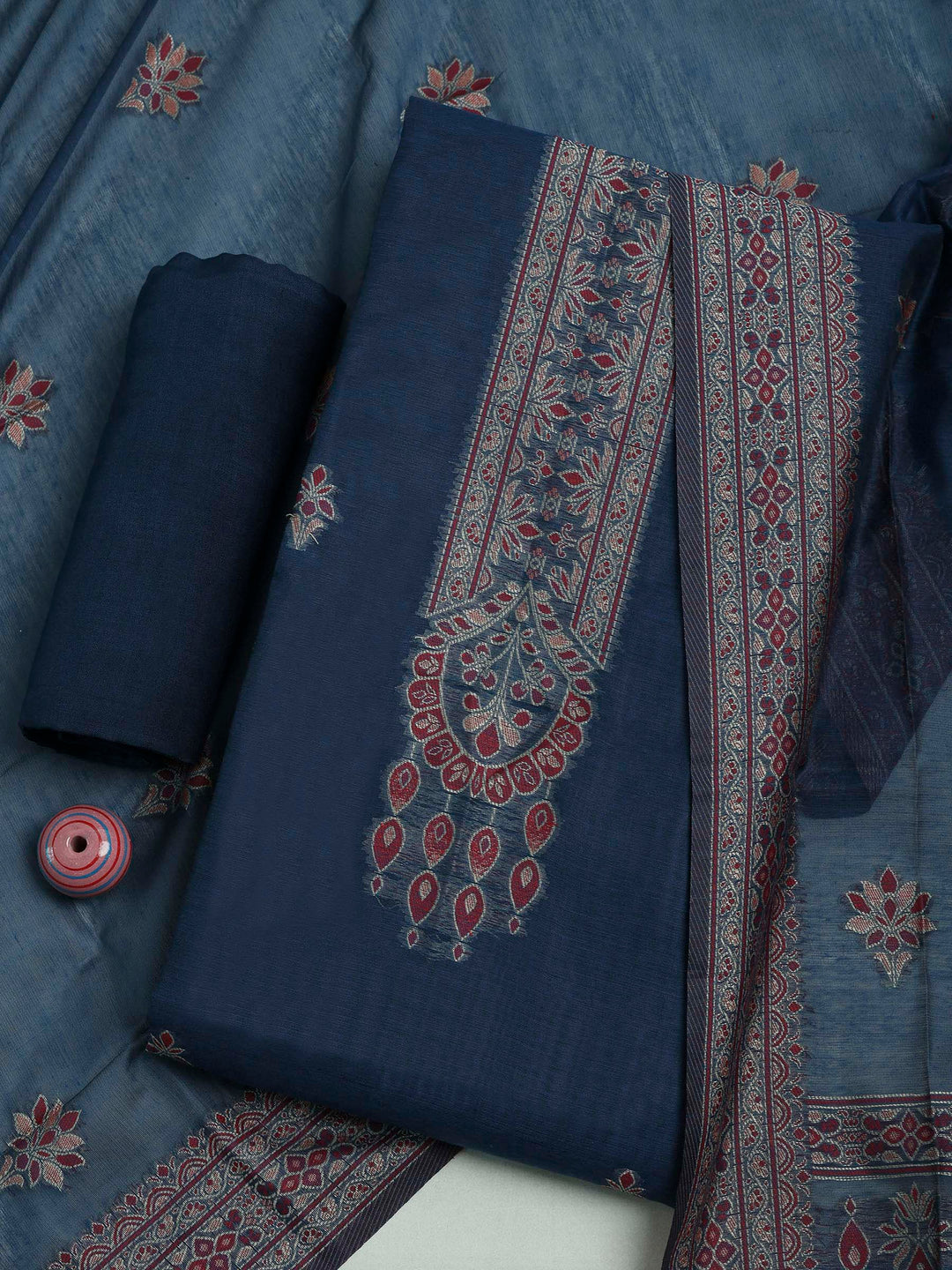 Blue Chanderi Embroidered Unstitched Dress Material