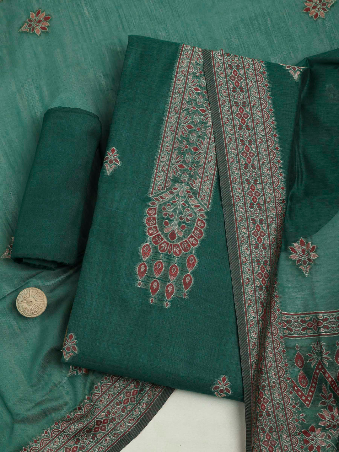 Green Chanderi Embroidered Unstitched Dress Material