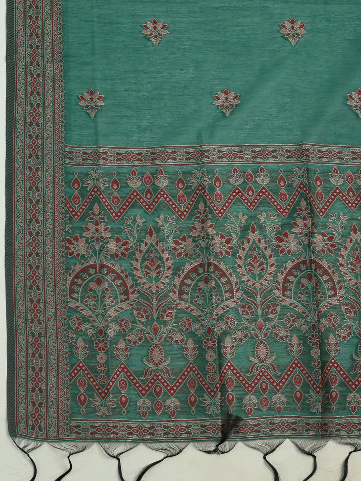 Green Chanderi Embroidered Unstitched Dress Material