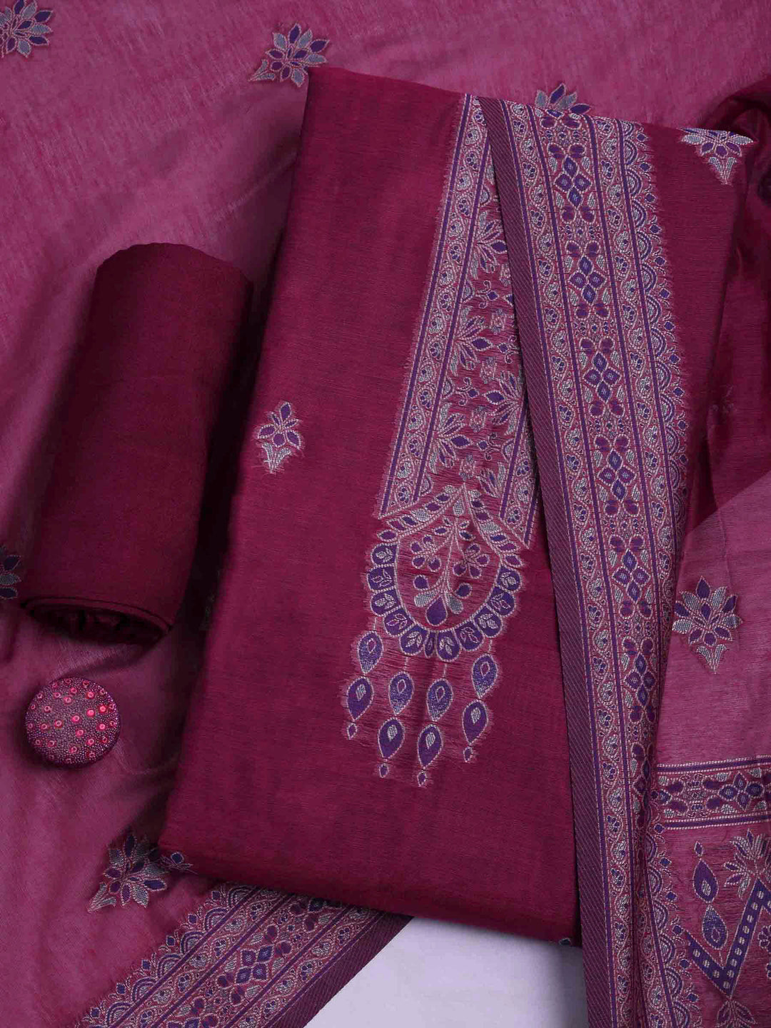 Magenta Chanderi Embroidered Unstitched Dress Material