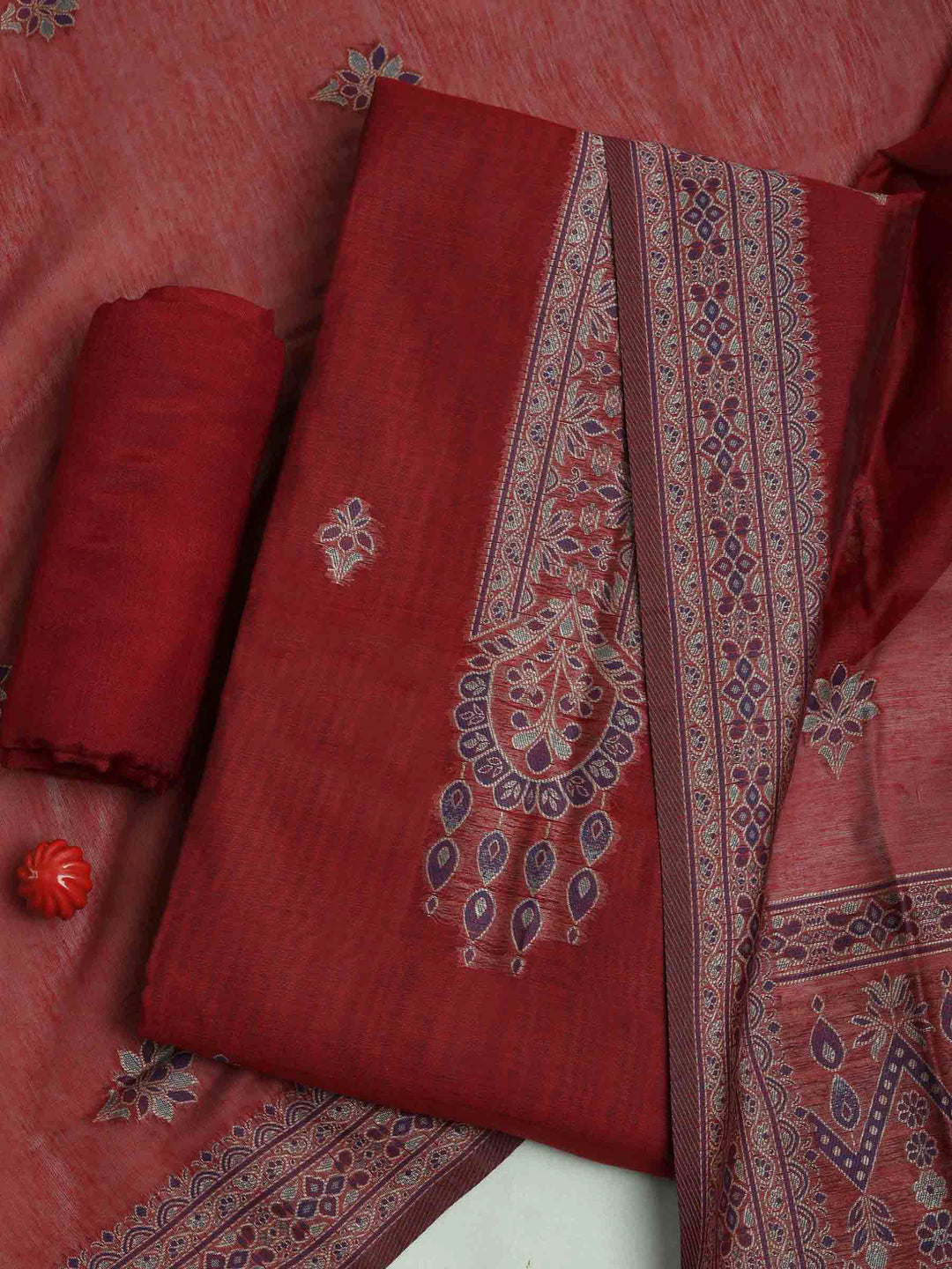 Maroon Chanderi Embroidered Unstitched Dress Material