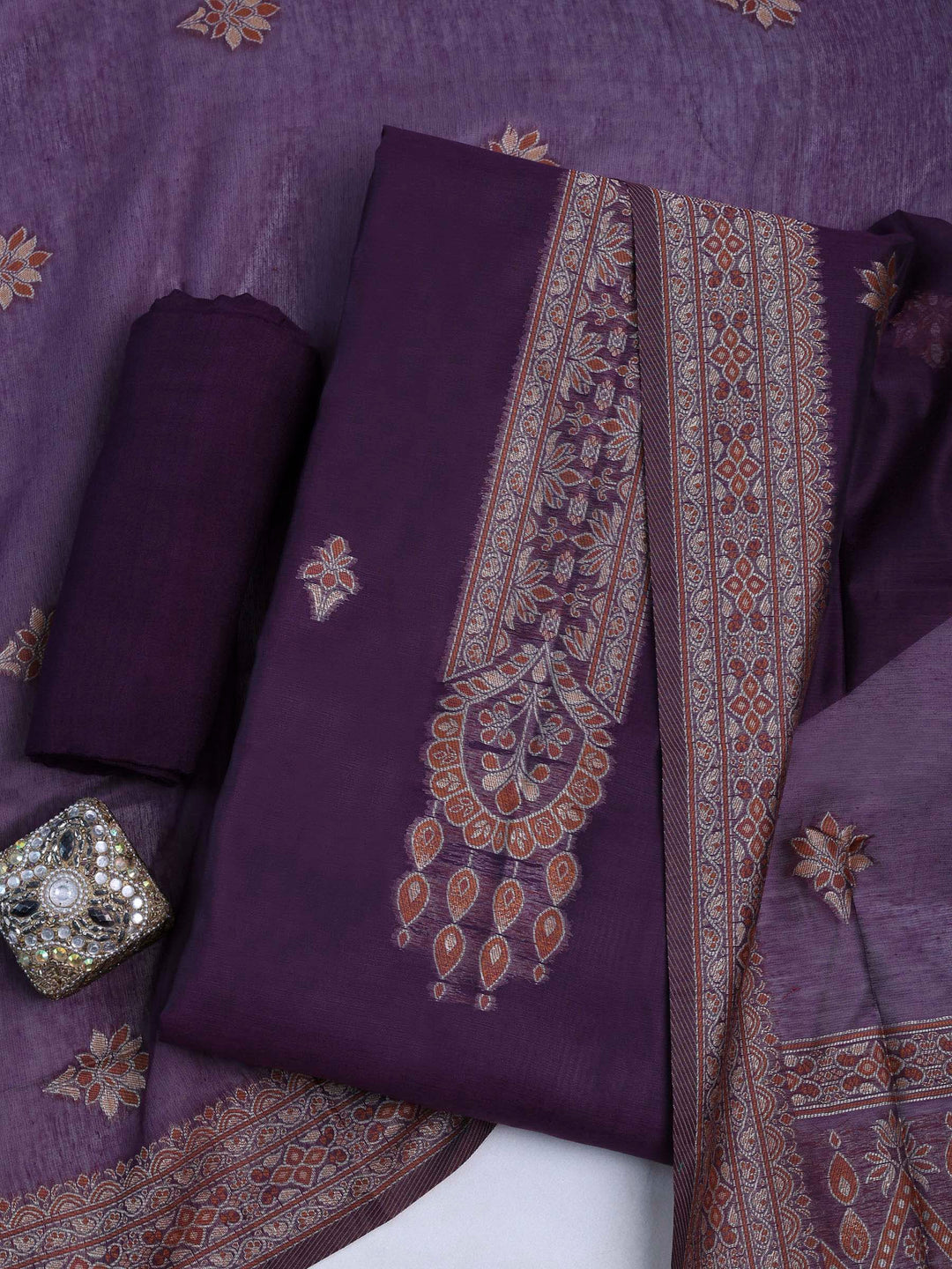 Purple Chanderi Embroidered Unstitched Dress Material