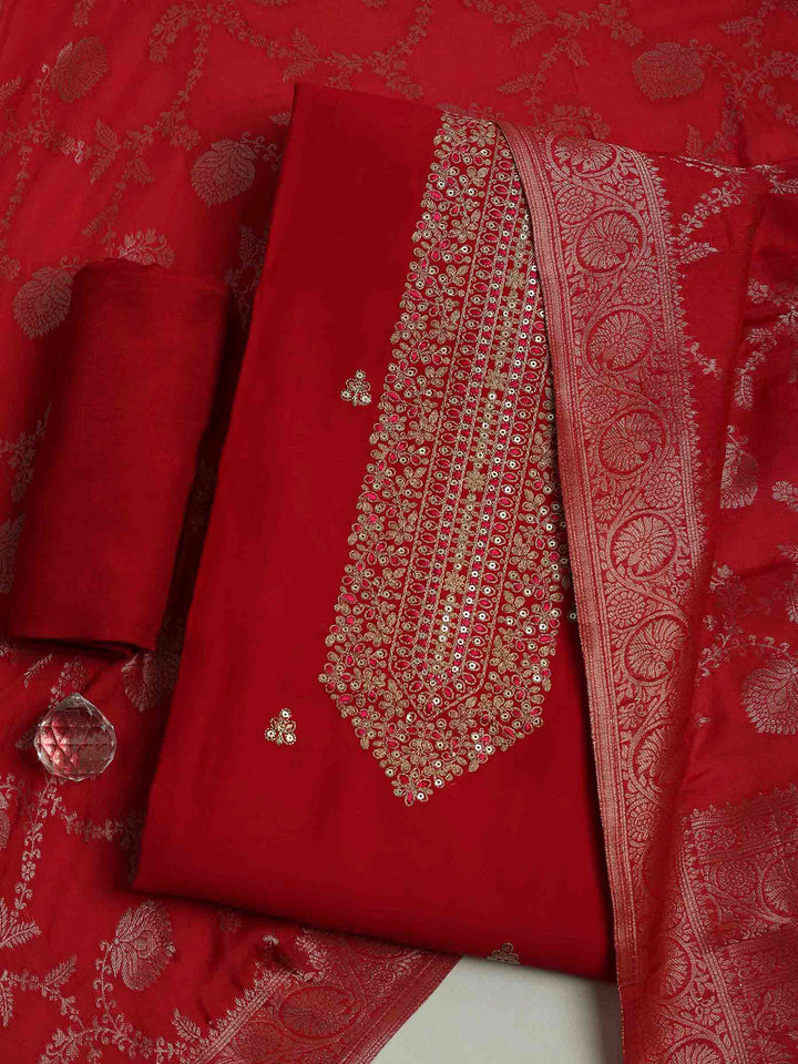 Red Chanderi Embroidered Unstitched Dress Material