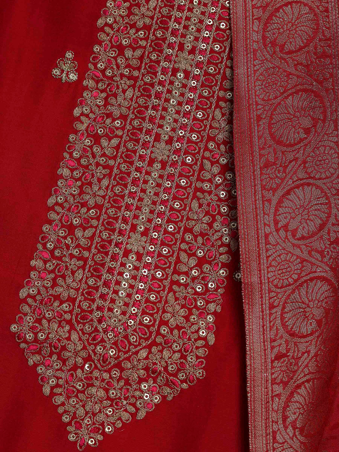 Red Chanderi Embroidered Unstitched Dress Material