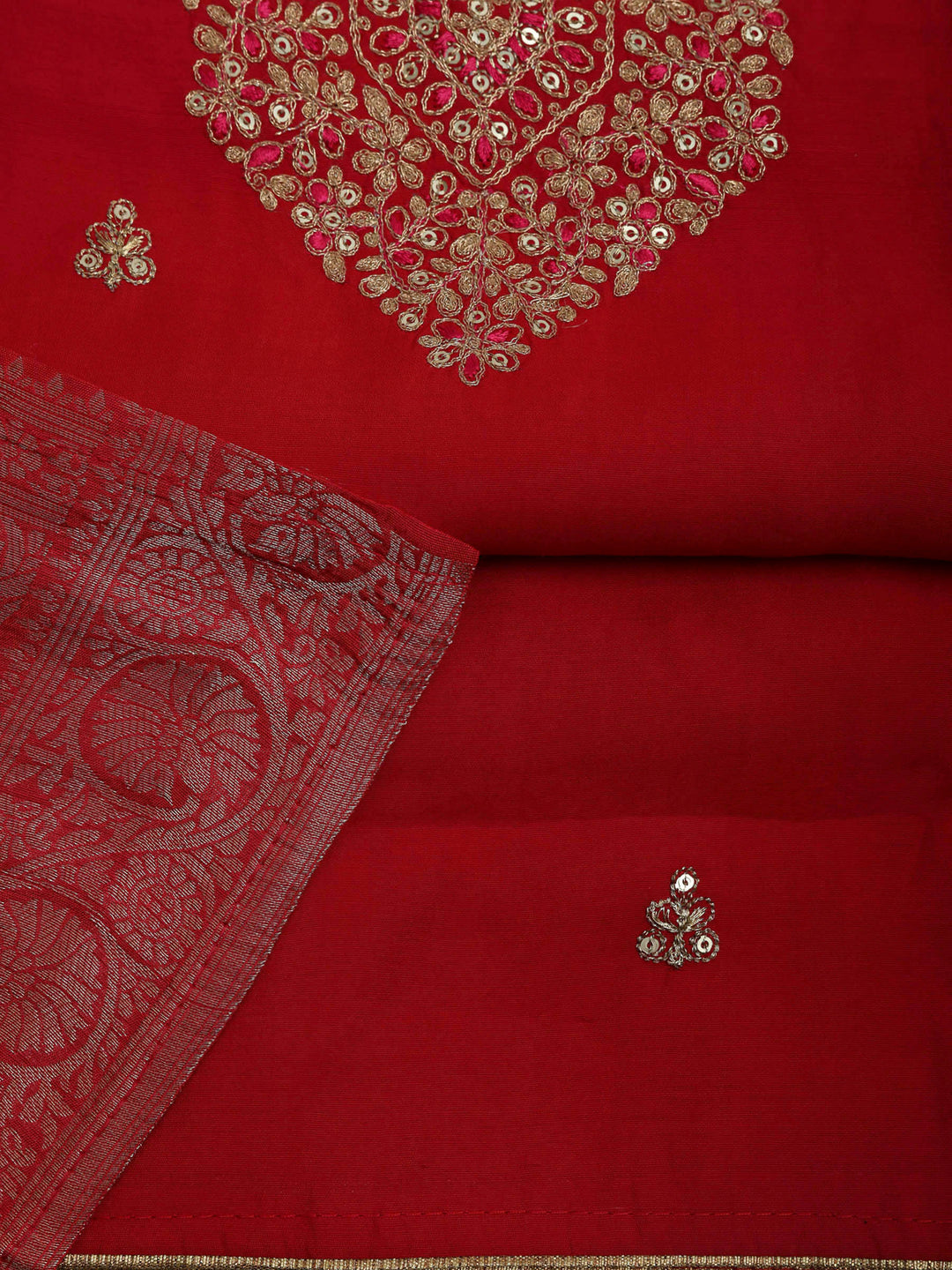 Red Chanderi Embroidered Unstitched Dress Material