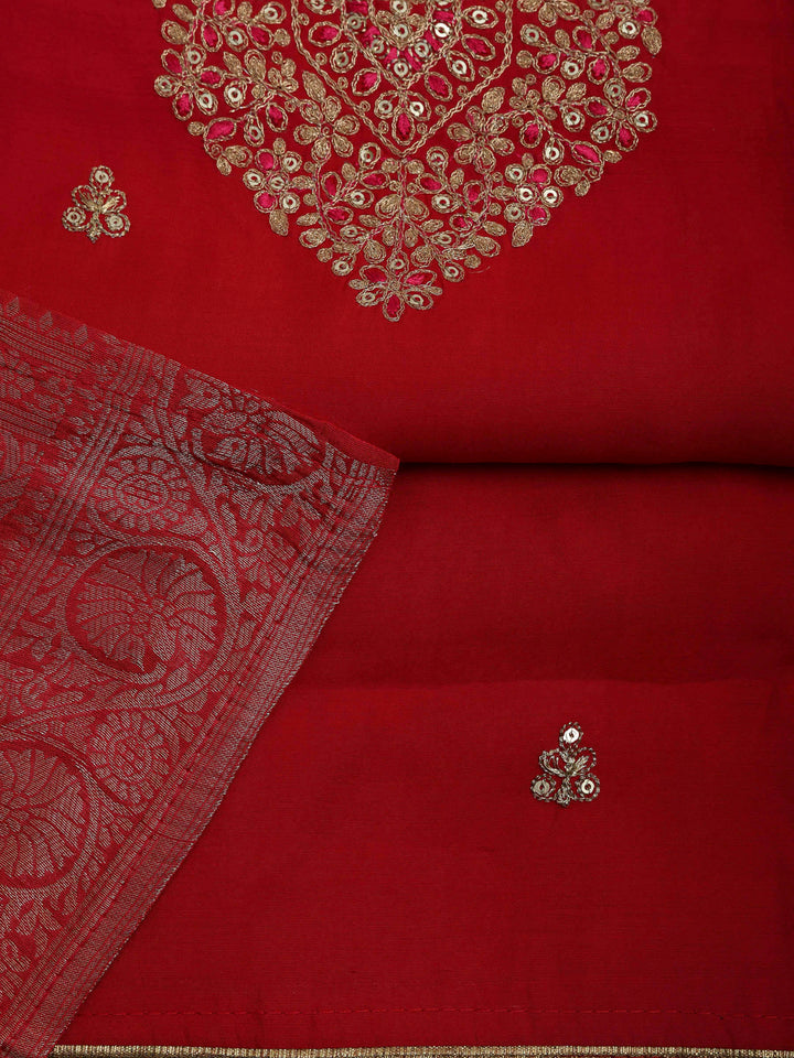 Red Chanderi Embroidered Unstitched Dress Material