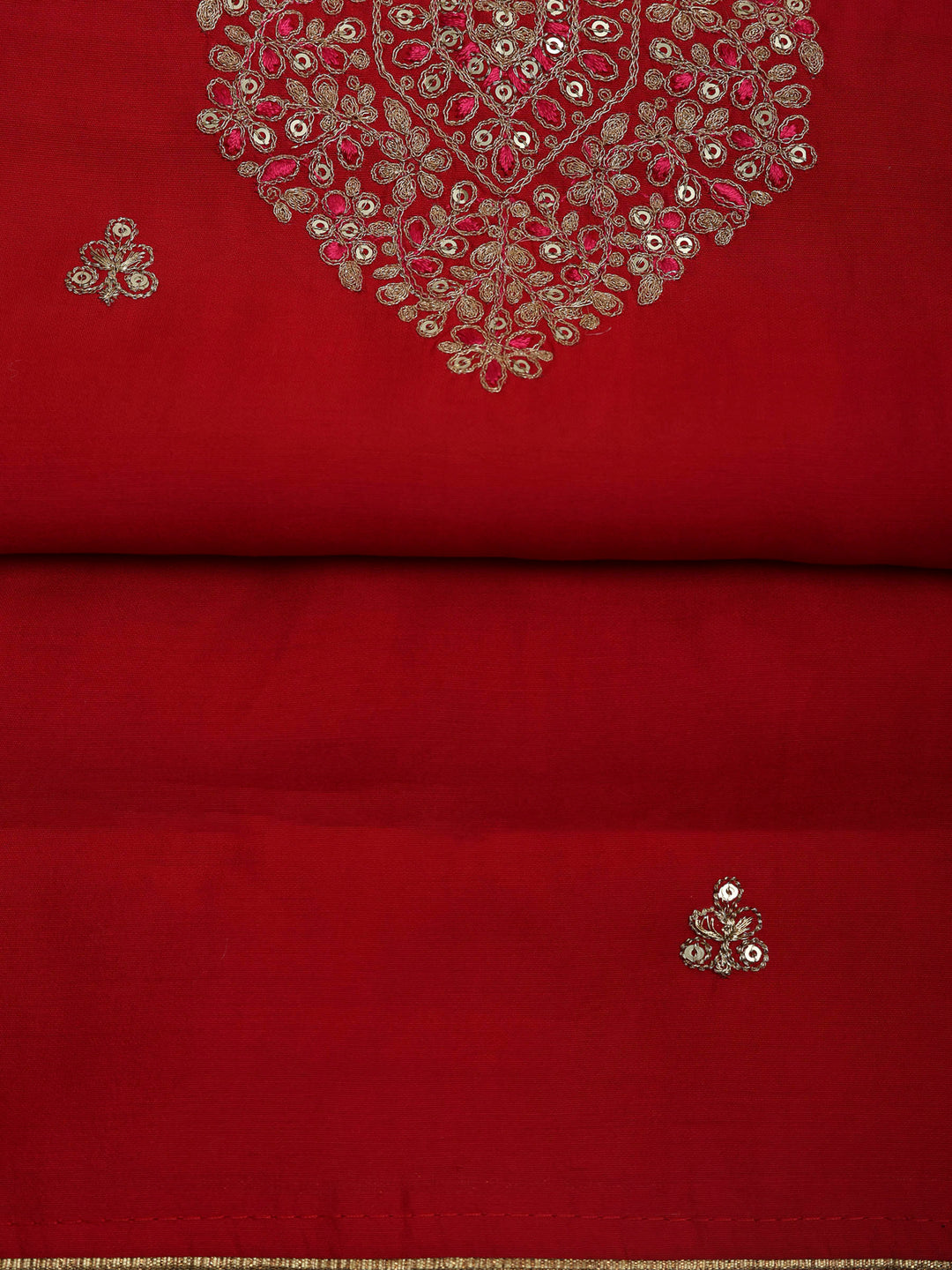 Red Chanderi Embroidered Unstitched Dress Material