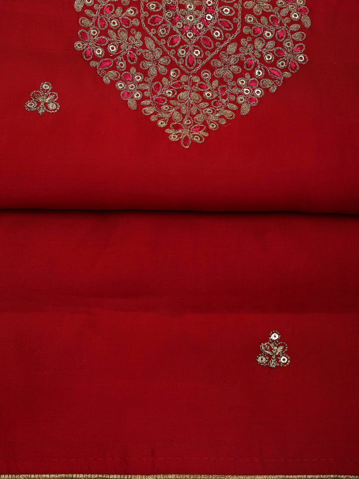 Red Chanderi Embroidered Unstitched Dress Material