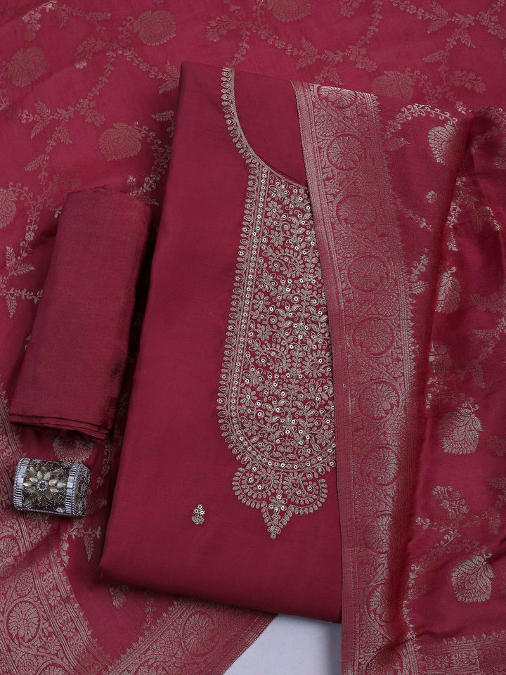 Dull Pink Chanderi Embroidered Unstitched Dress Material