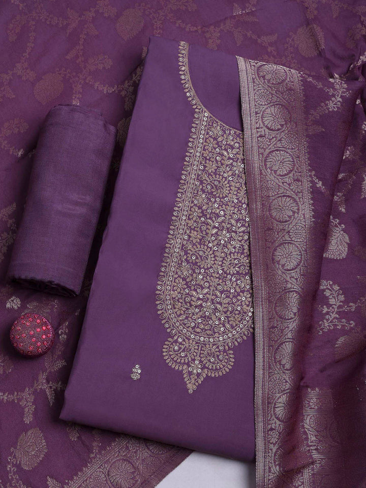 Lavender Chanderi Embroidered Unstitched Dress Material