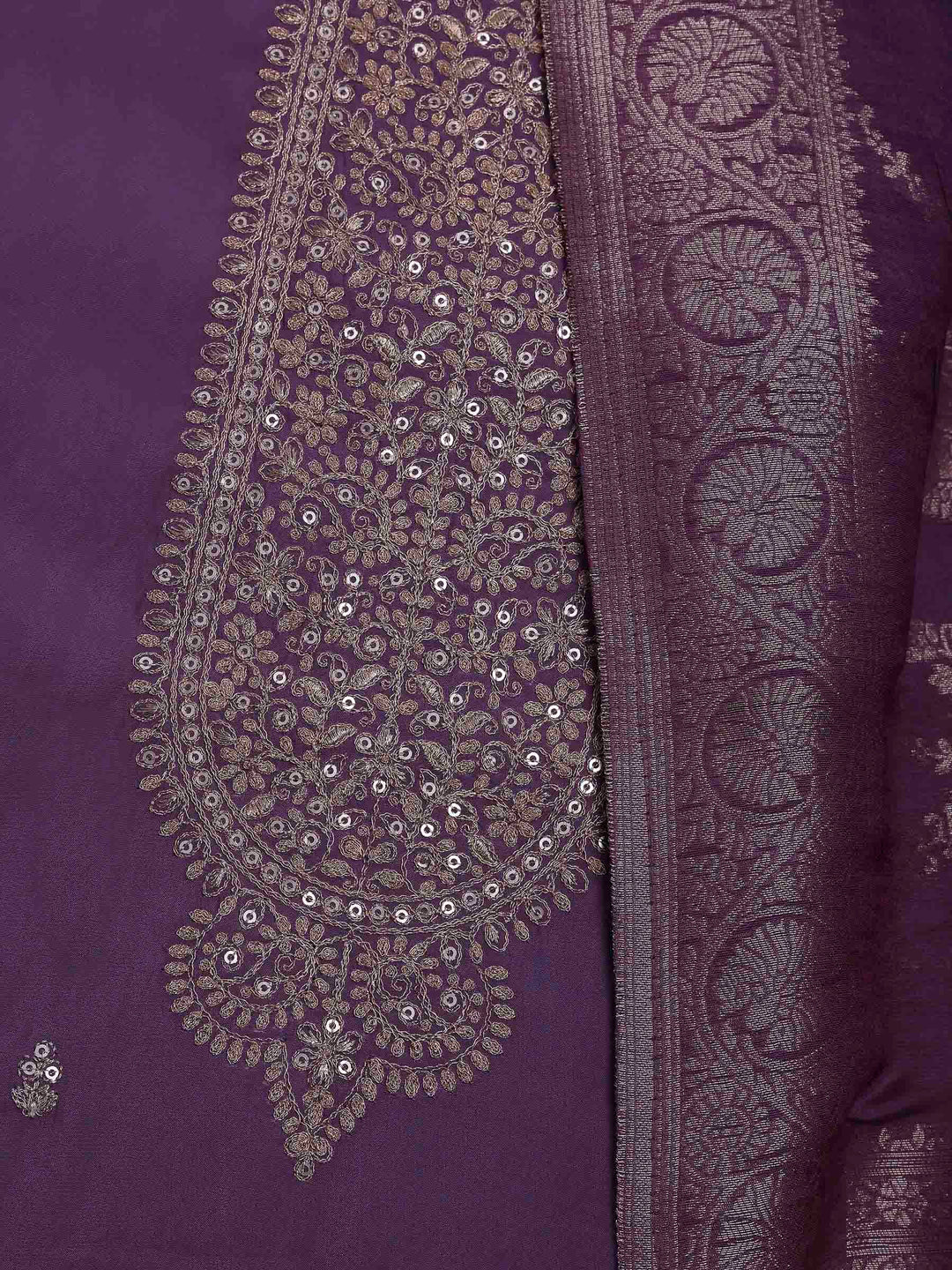 Lavender Chanderi Embroidered Unstitched Dress Material
