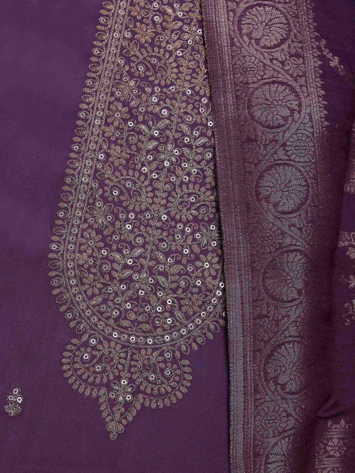Lavender Chanderi Embroidered Unstitched Dress Material