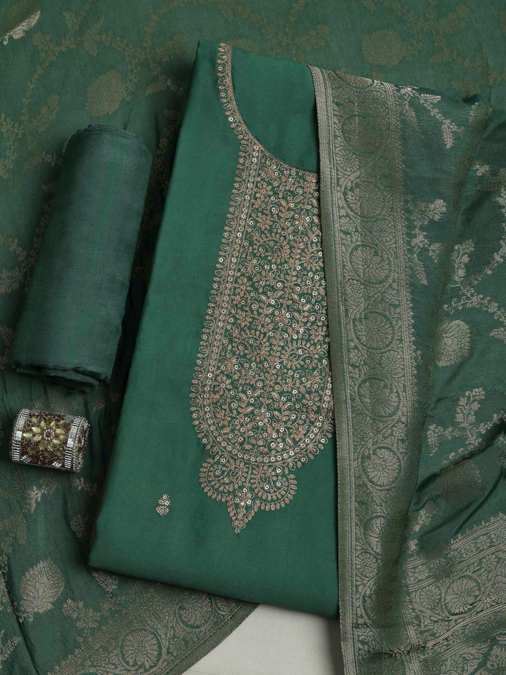 Olive Green Chanderi Embroidered Unstitched Dress Material