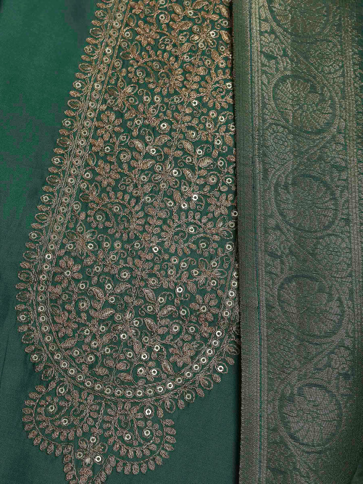 Olive Green Chanderi Embroidered Unstitched Dress Material