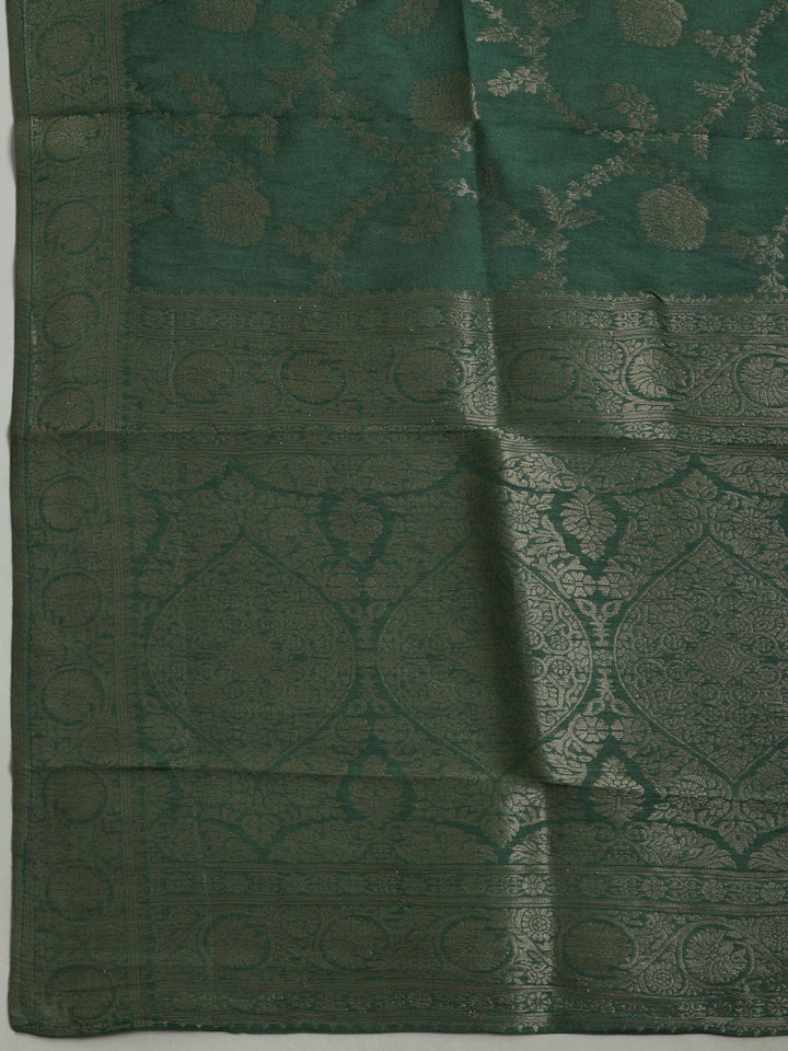 Olive Green Chanderi Embroidered Unstitched Dress Material