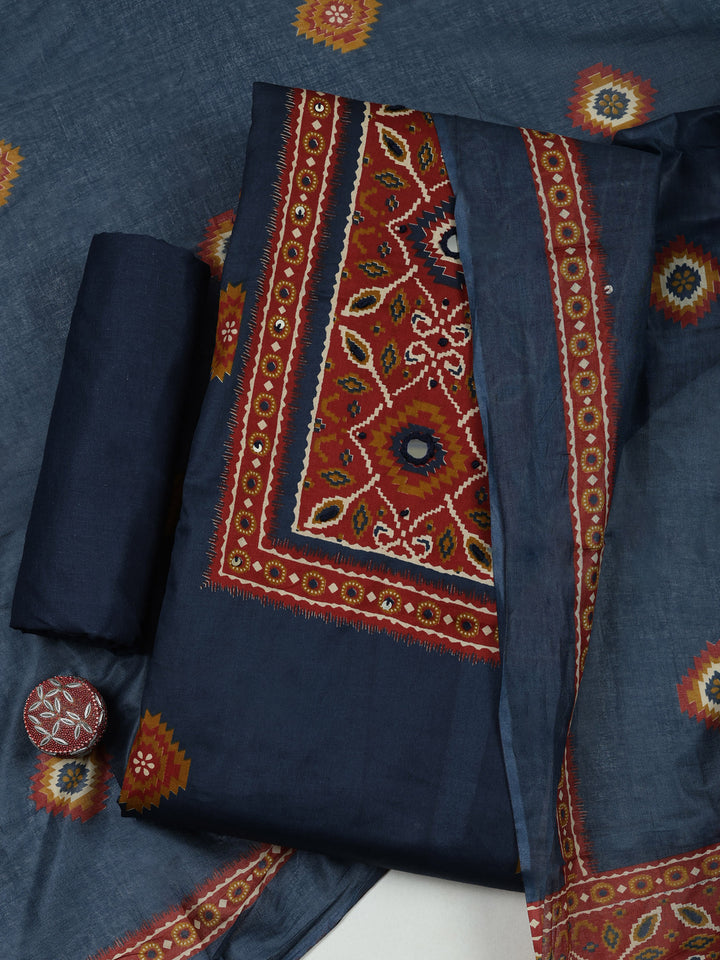 Navy Blue Cotton Blend Printed Unstitched Dress Material