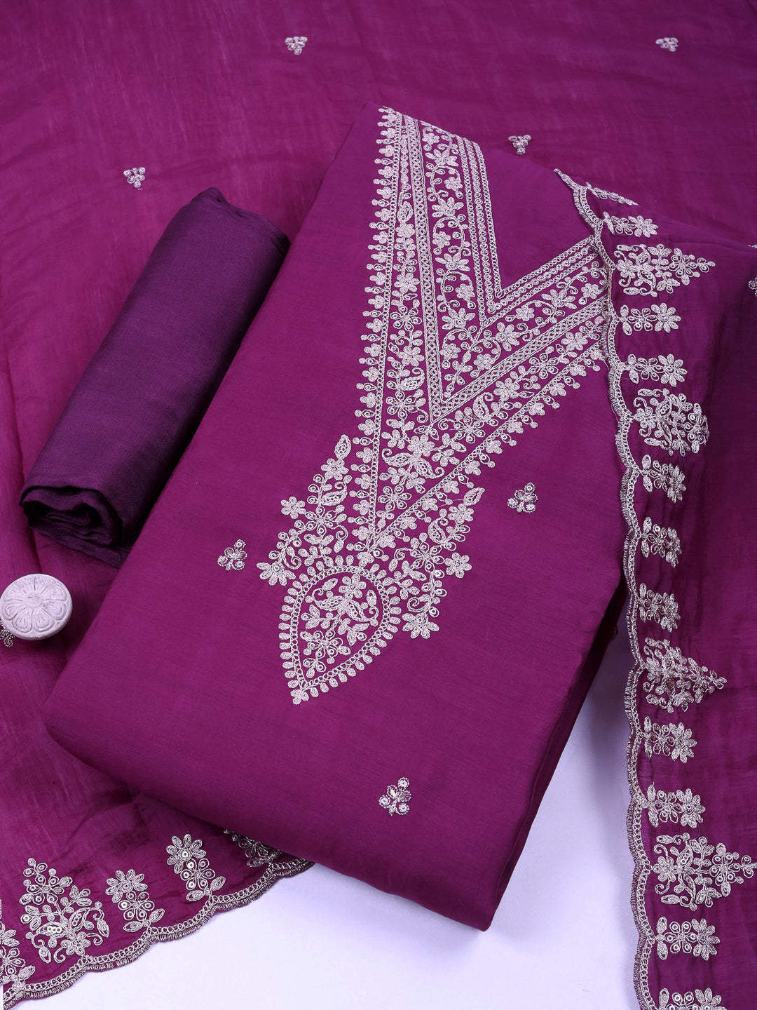 Purple Chanderi Embroidered Unstitched Dress Material