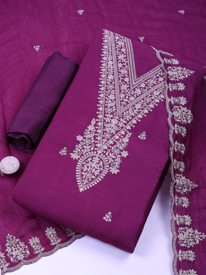 Purple Chanderi Embroidered Unstitched Dress Material