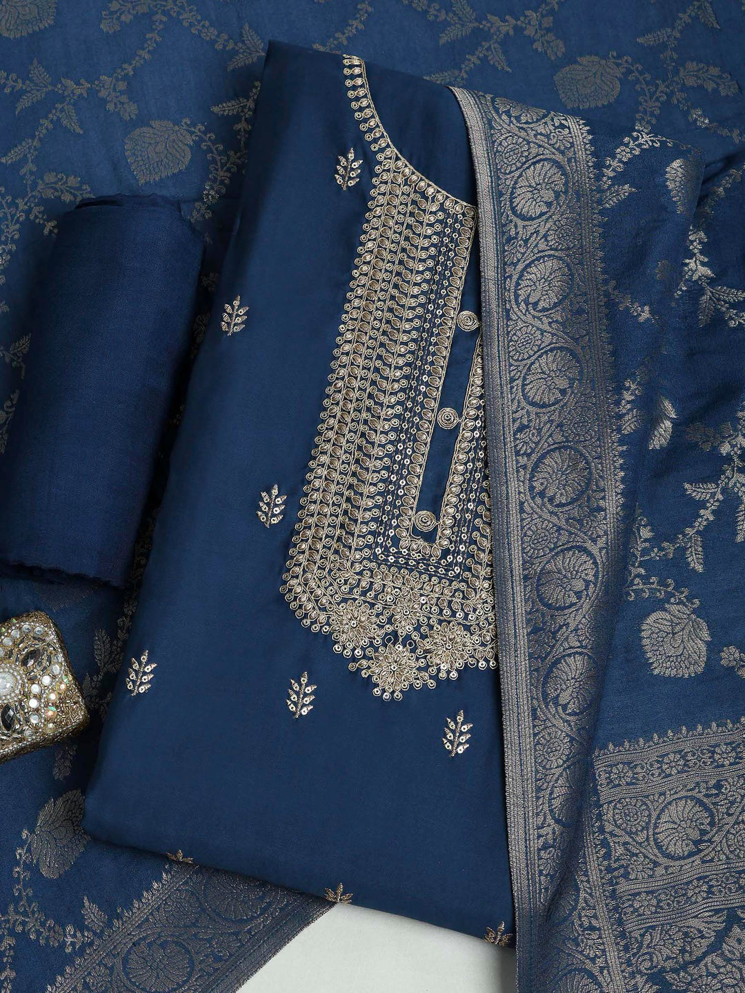 Blue Chanderi Embroidered Unstitched Dress Material