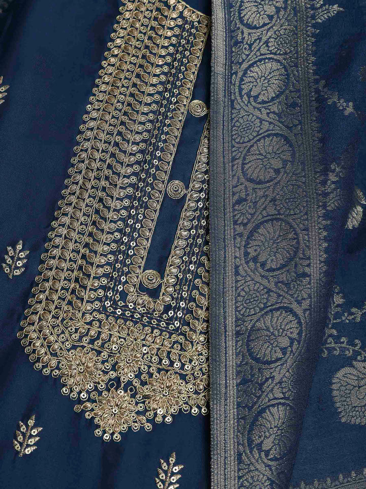 Blue Chanderi Embroidered Unstitched Dress Material