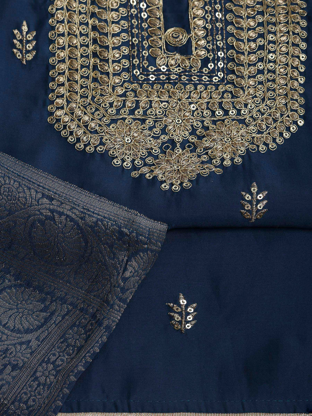 Blue Chanderi Embroidered Unstitched Dress Material