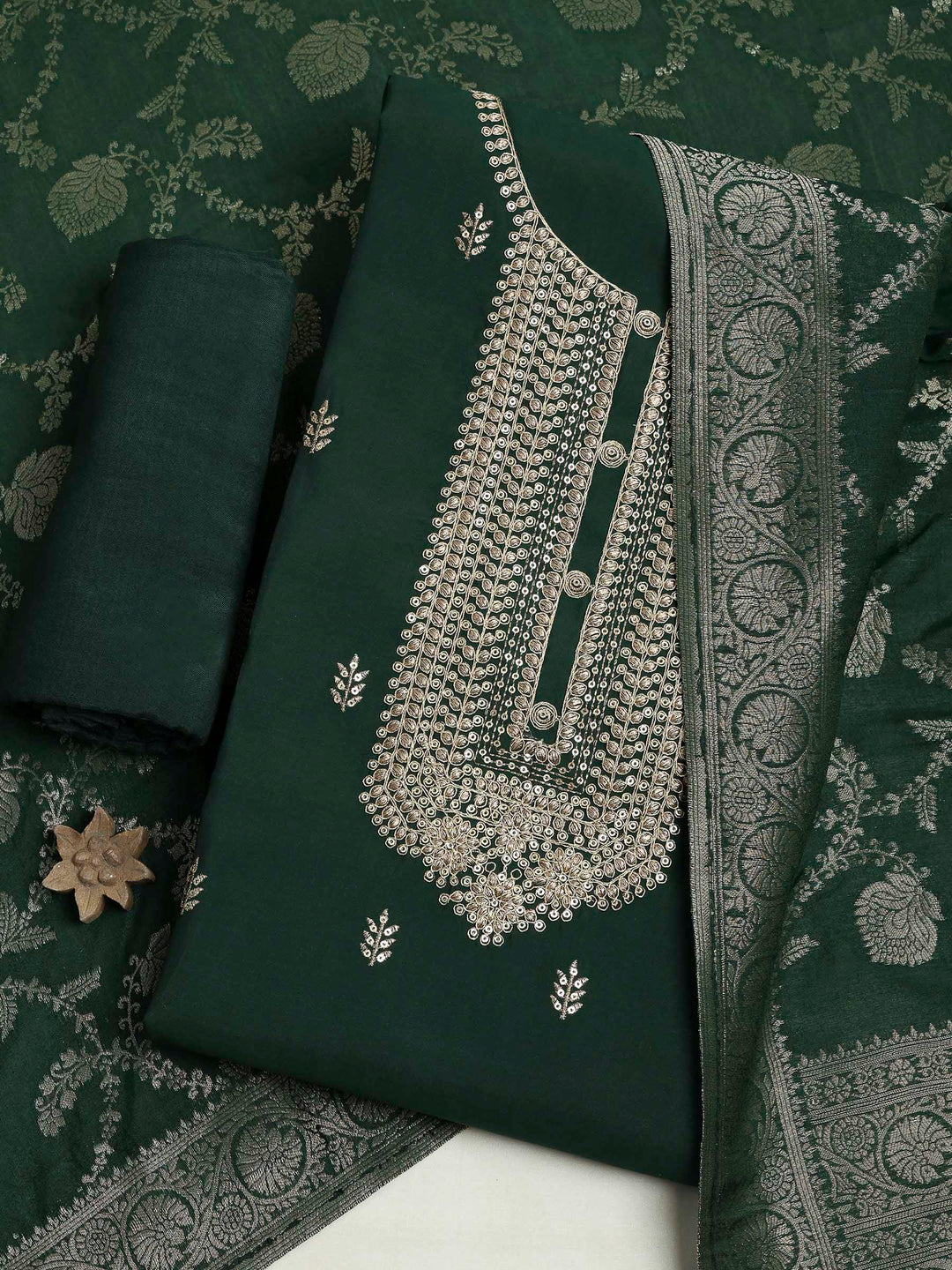 Green Chanderi Embroidered Unstitched Dress Material