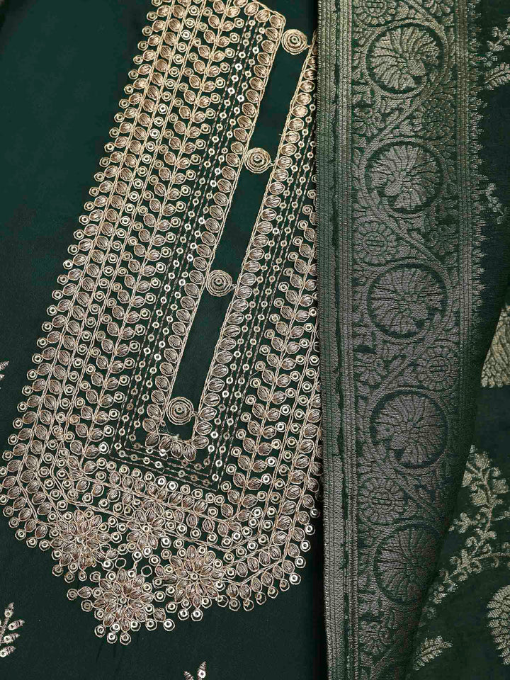 Green Chanderi Embroidered Unstitched Dress Material