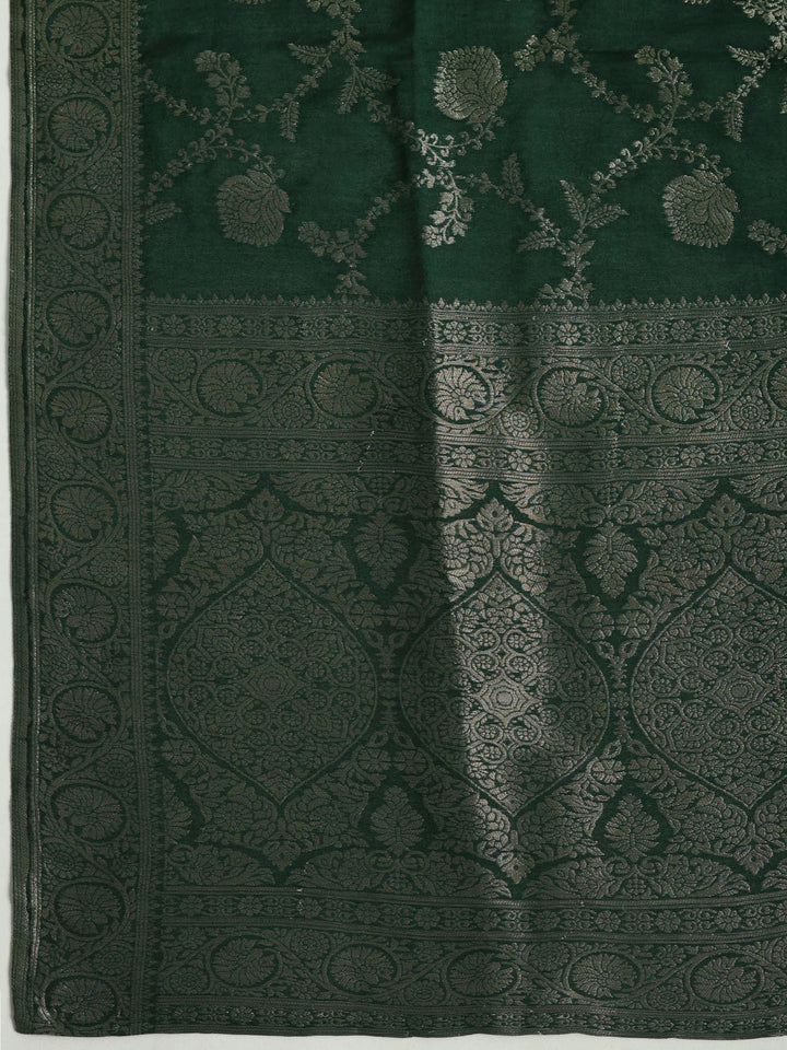 Green Chanderi Embroidered Unstitched Dress Material
