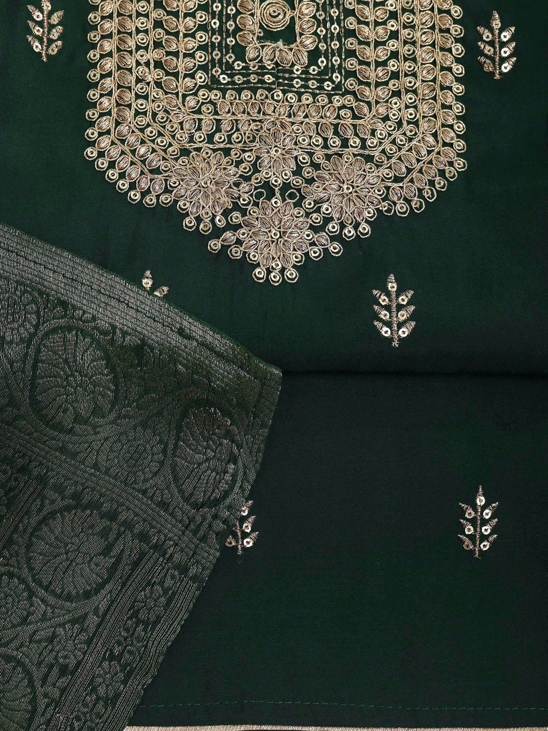 Green Chanderi Embroidered Unstitched Dress Material