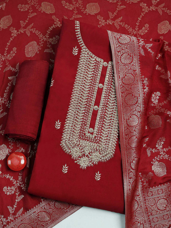 Maroon Chanderi Embroidered Unstitched Dress Material