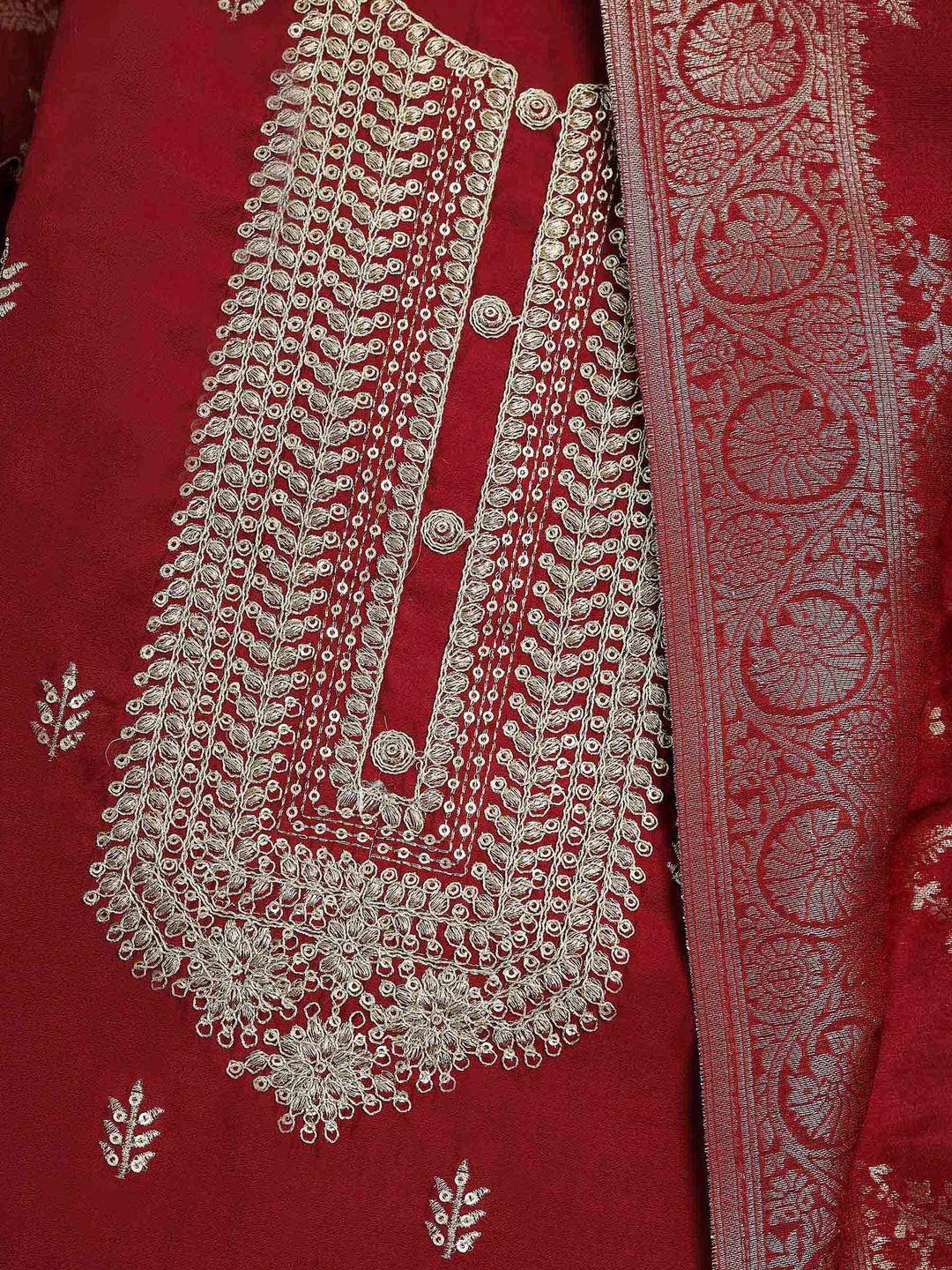 Maroon Chanderi Embroidered Unstitched Dress Material