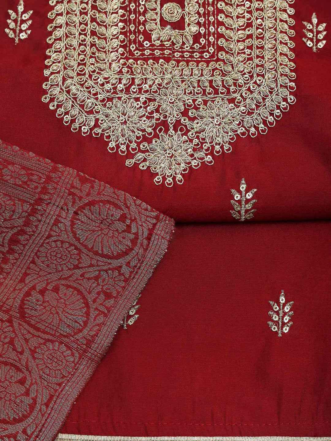 Maroon Chanderi Embroidered Unstitched Dress Material