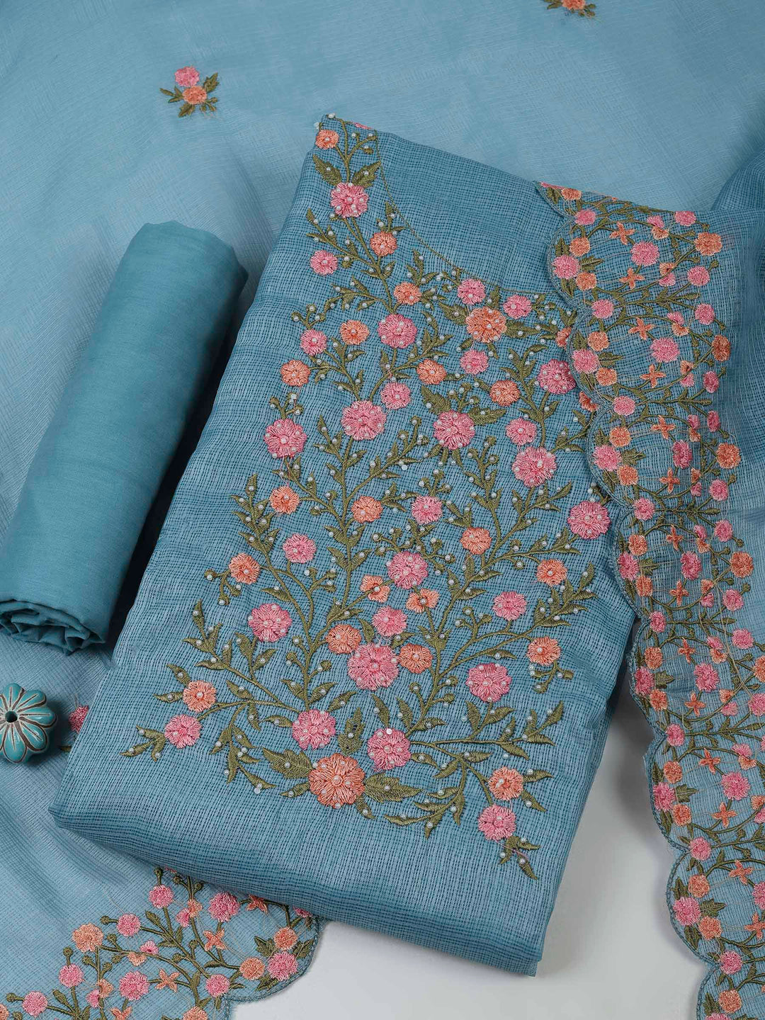 Grey Blue Cotton Blend Embroidered Unstitched Dress Material