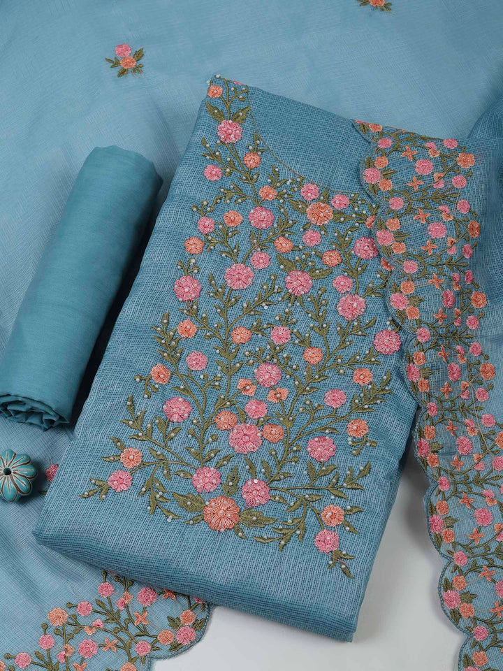 Grey Blue Cotton Blend Embroidered Unstitched Dress Material