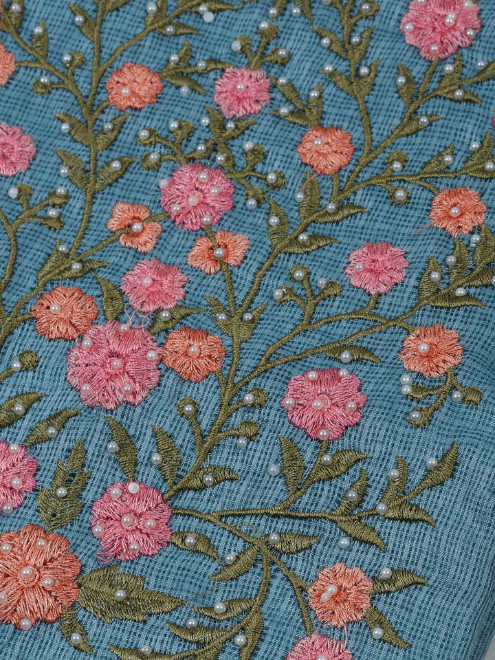 Grey Blue Cotton Blend Embroidered Unstitched Dress Material
