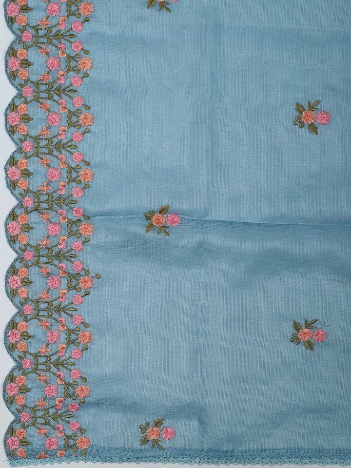 Grey Blue Cotton Blend Embroidered Unstitched Dress Material