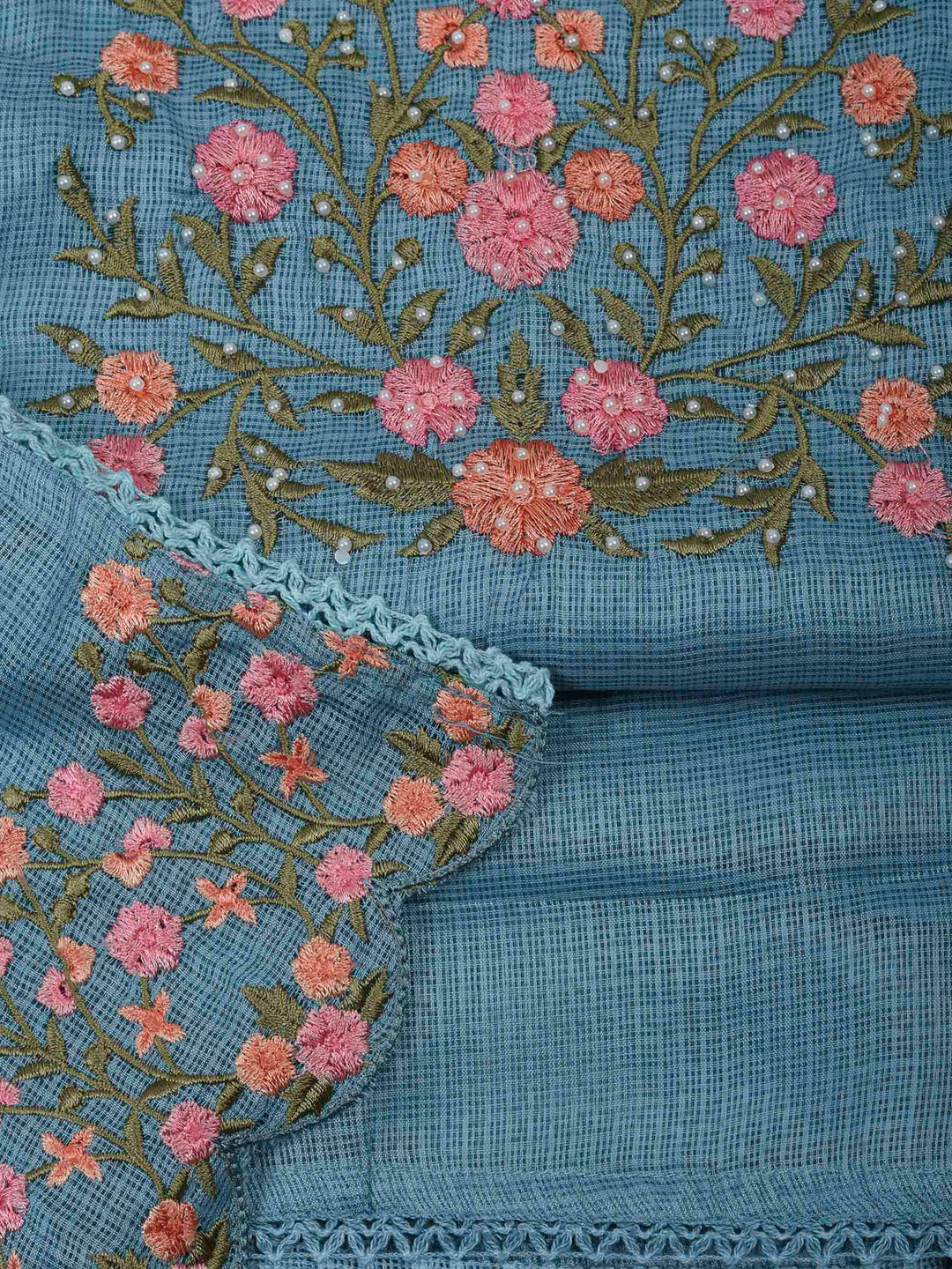 Grey Blue Cotton Blend Embroidered Unstitched Dress Material