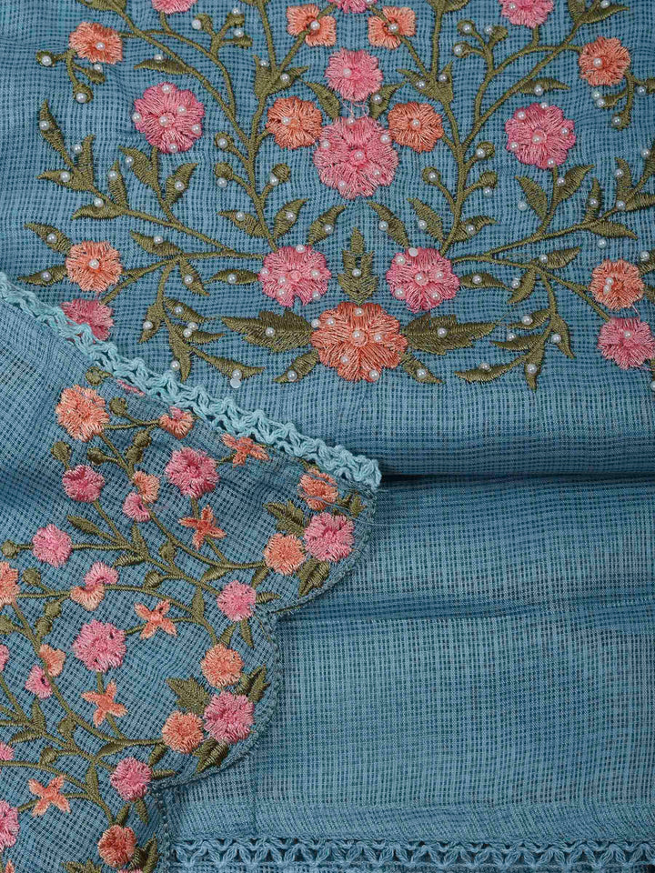 Grey Blue Cotton Blend Embroidered Unstitched Dress Material