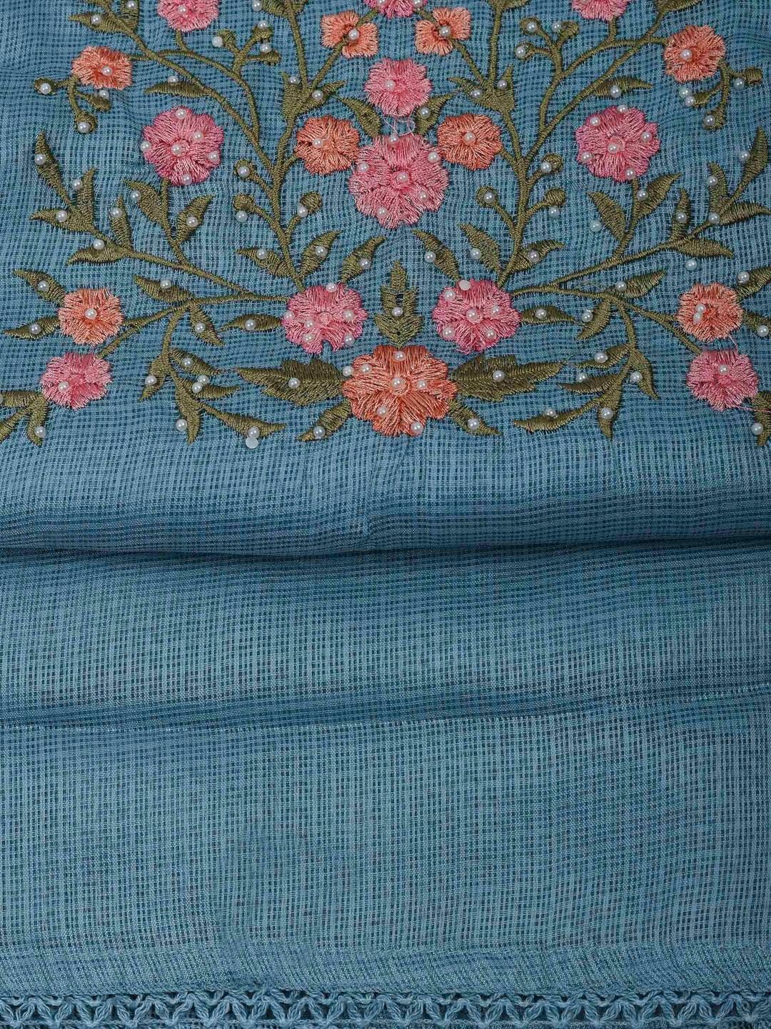 Grey Blue Cotton Blend Embroidered Unstitched Dress Material