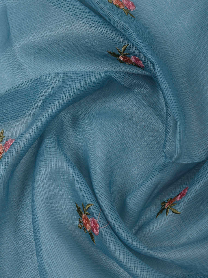 Grey Blue Cotton Blend Embroidered Unstitched Dress Material