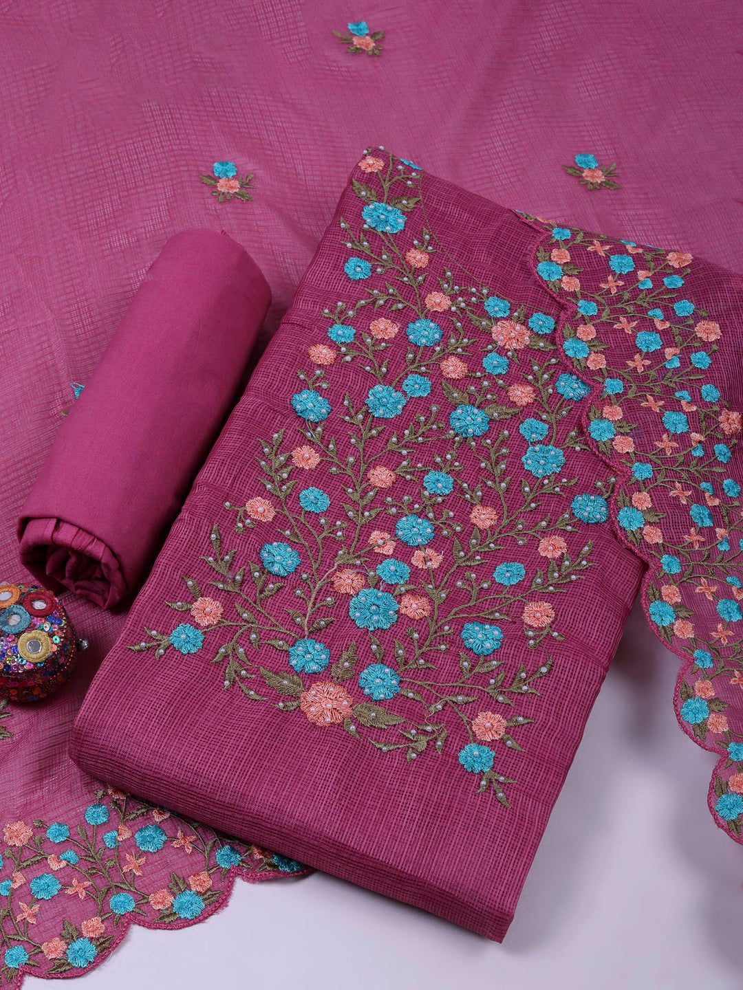 Onion Pink Cotton Blend Embroidered Unstitched Dress Material