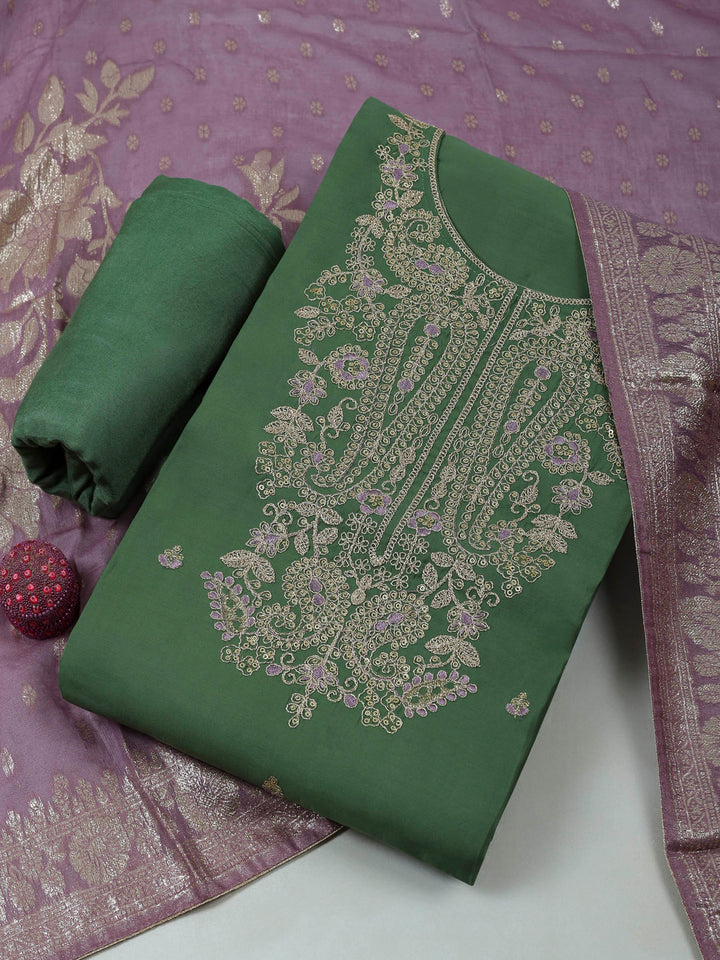 Aqua Green Chanderi Embroidered Unstitched Dress Material